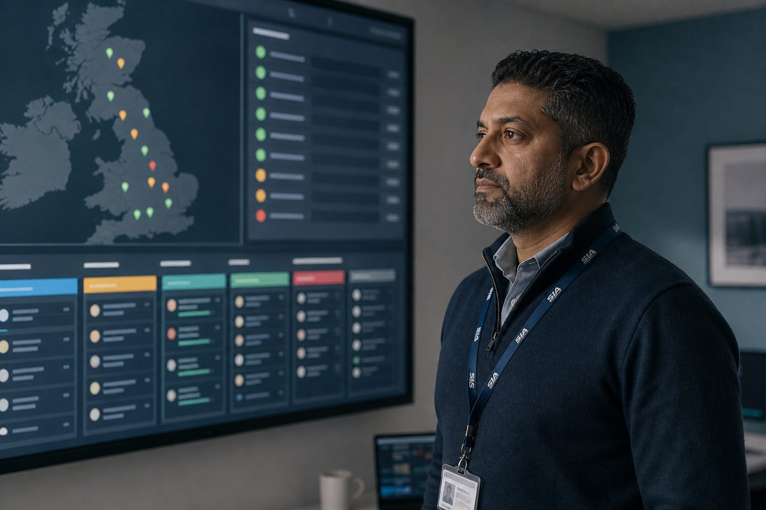 A UK security operations manager reviewing live licence status, dispatch map and candidate vetting pipeline on a control-room display.
